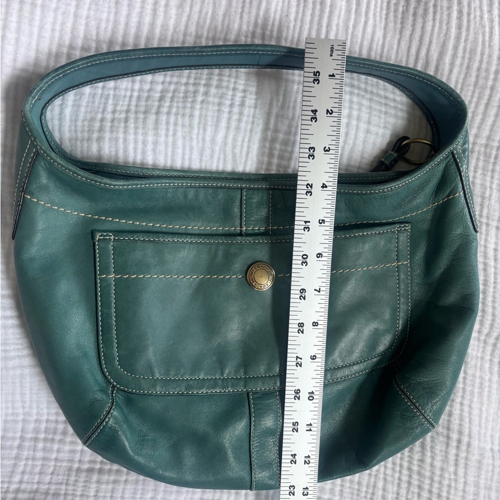 Vintage Y2K Coach Teal Leather Shoulder Bag with Front Pocket - Picture 10 of 12